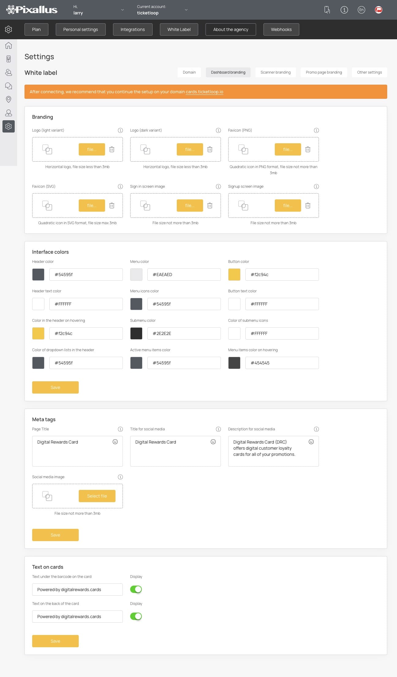 Dashboard Branding Digital rewards cards DRC