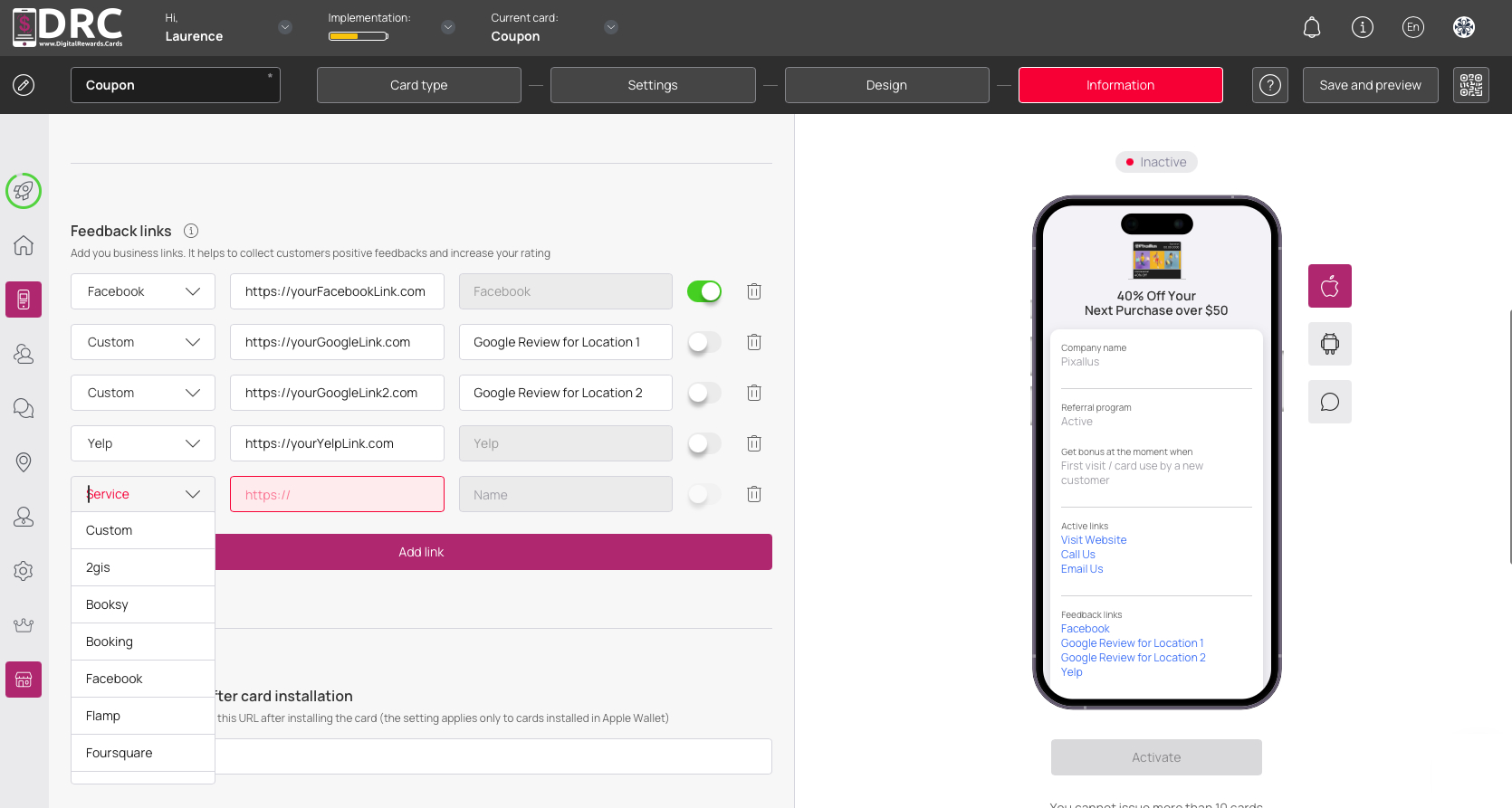 Adding more than one Google Review link , request a review feedback links for your digital rewards cards 